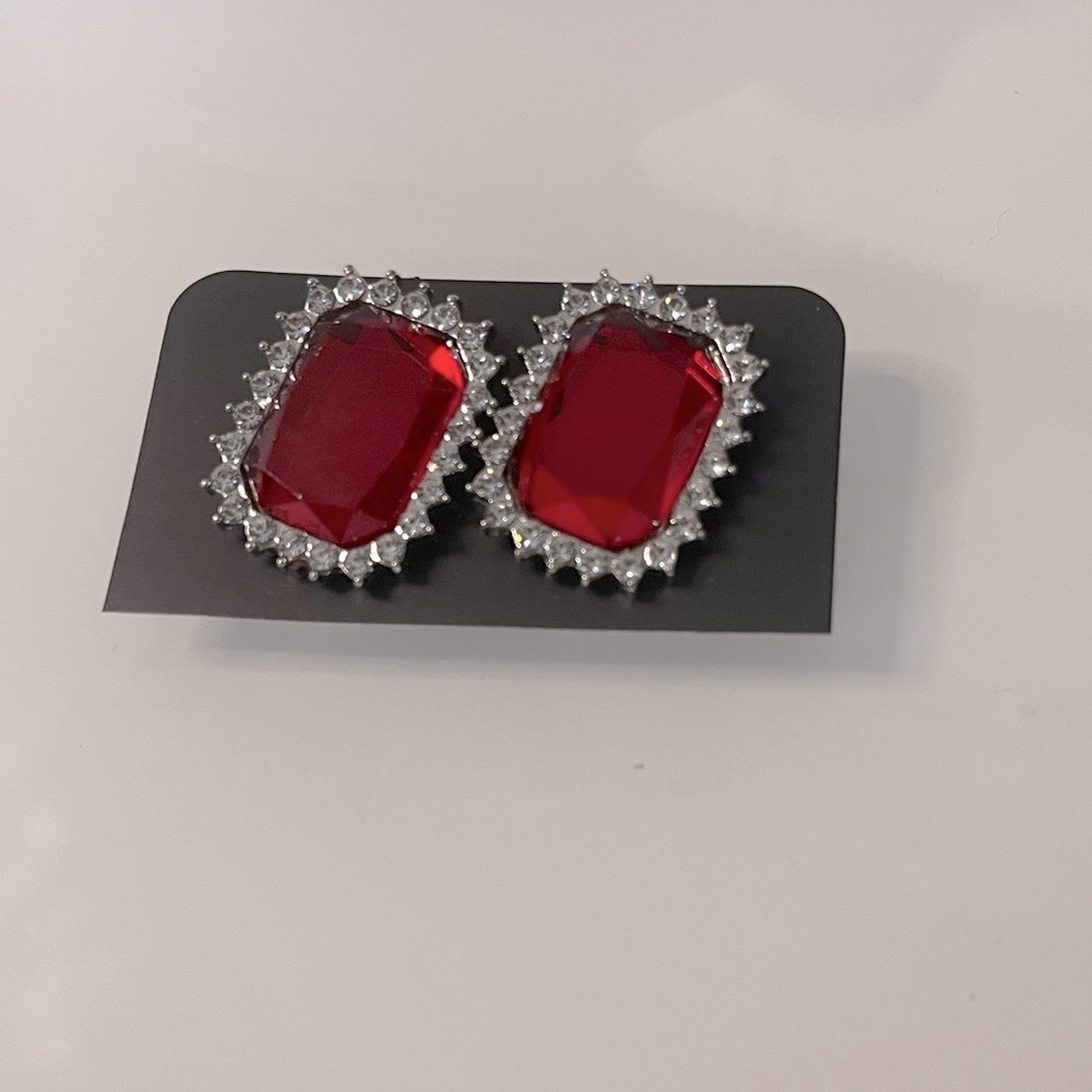 Red and Silver Oval Gemstone Earrings with Crystal Halo